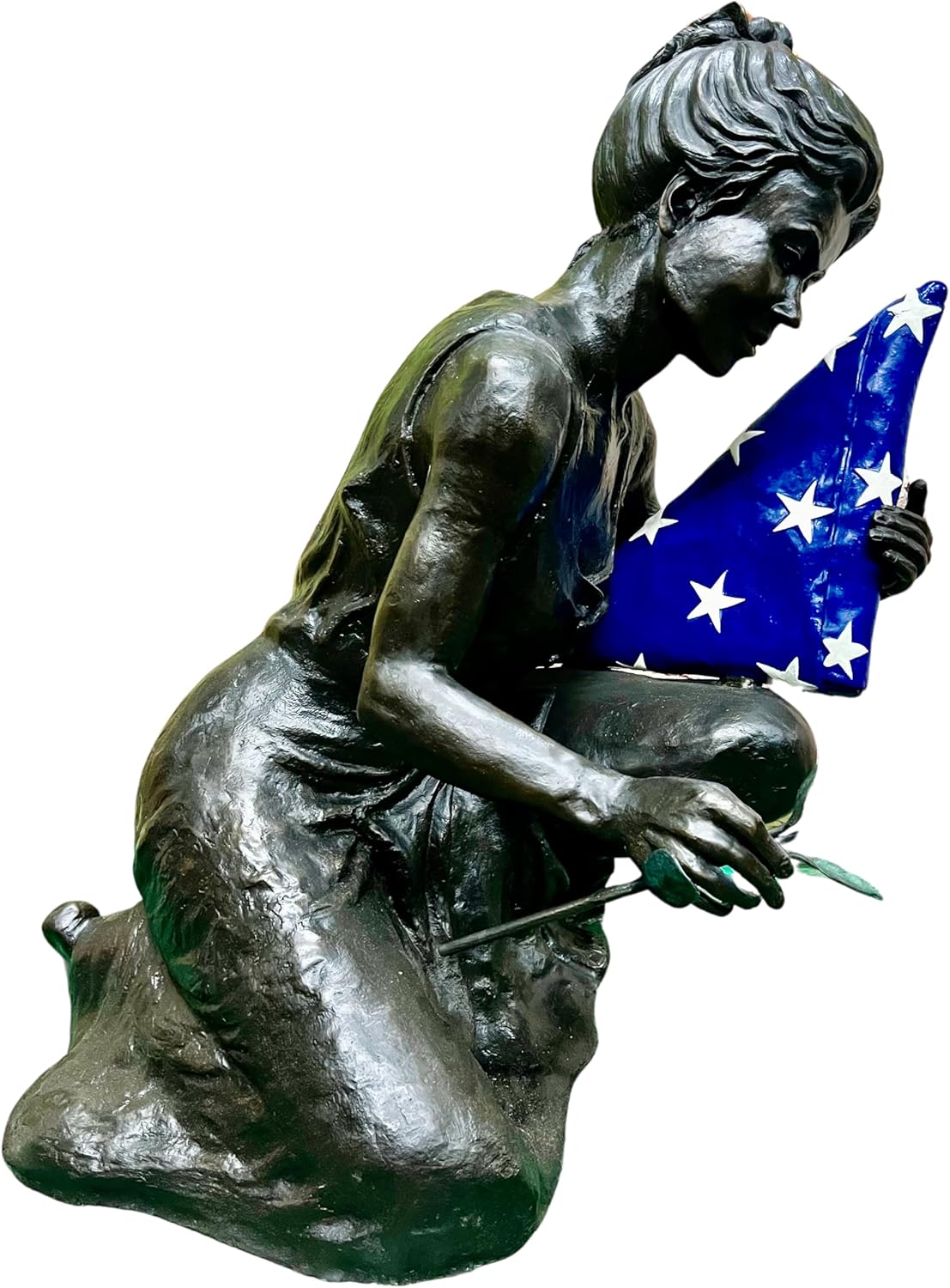 Bronze Woman Mother Kneeling Statue with Flag and Rose