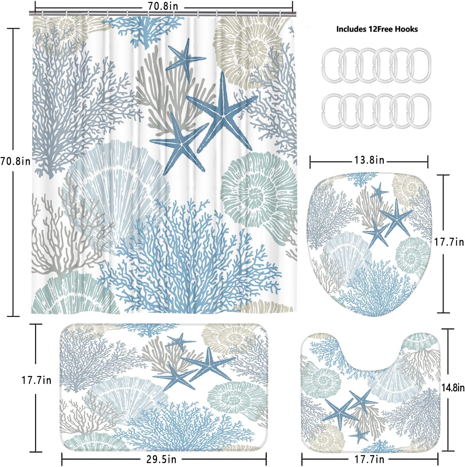 Nkzply 4 Pcs Beach Shower Curtain Bathroom Set