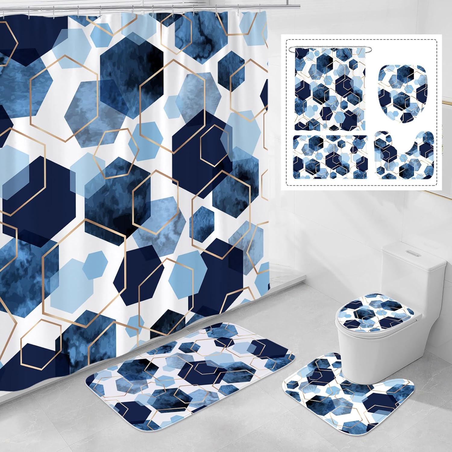 Litabel 4 Pcs Navy Blue Modern Geometric Bathroom Set