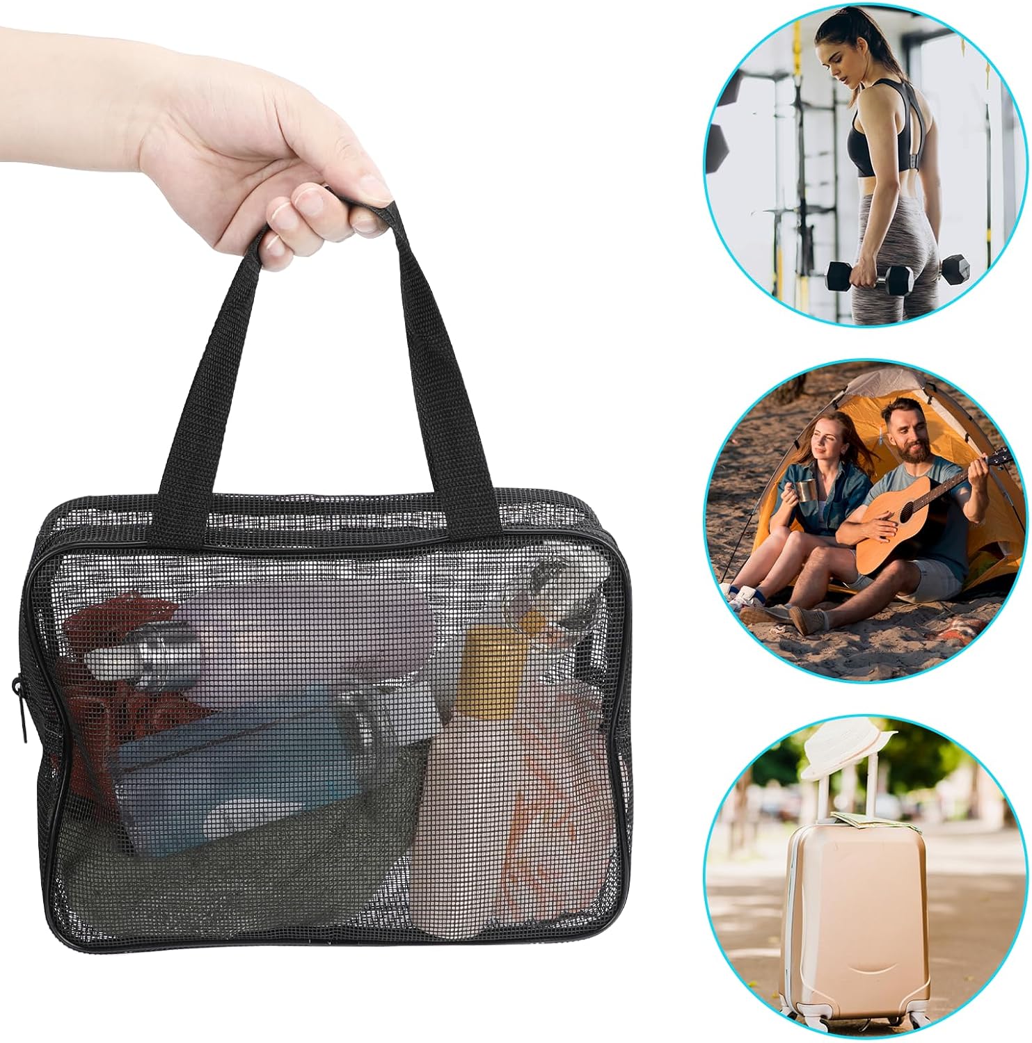 Mozeat Lens Portable Mesh Shower Caddy Bag Black