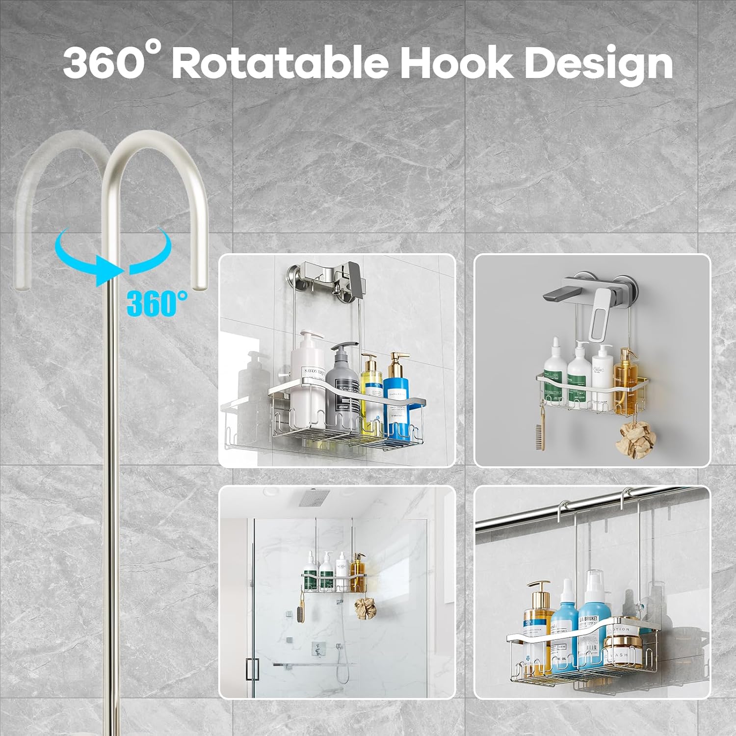 BYT Hanging Shower Caddy with Rotatable Hooks and Suction Cups