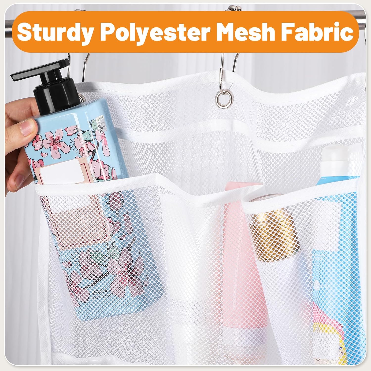 2 Pack Mesh Shower Caddy with 7 Pockets and Metal Hooks
