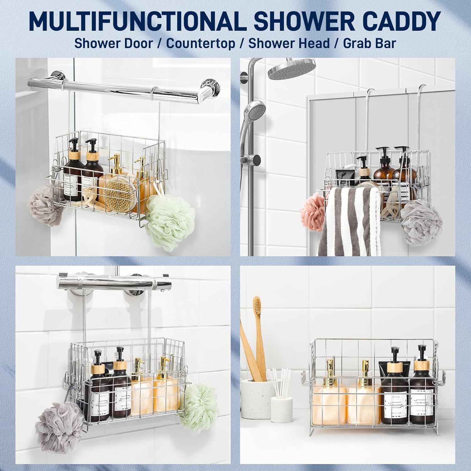 SUTINE Stainless Steel Shower Caddy with Hooks and Towel Bar