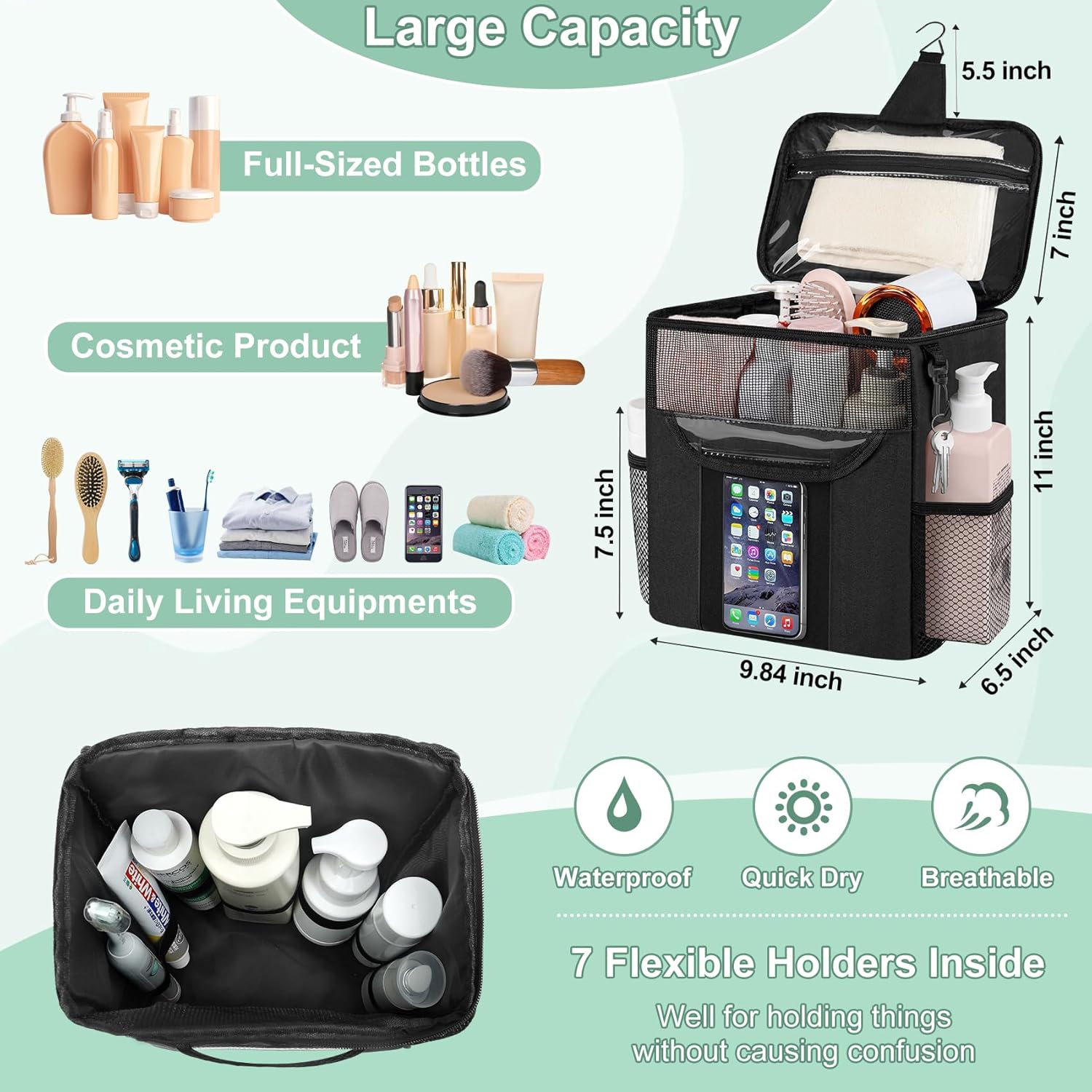 Portable Shower Caddy with Large Capacity and Quick Dry Design Black