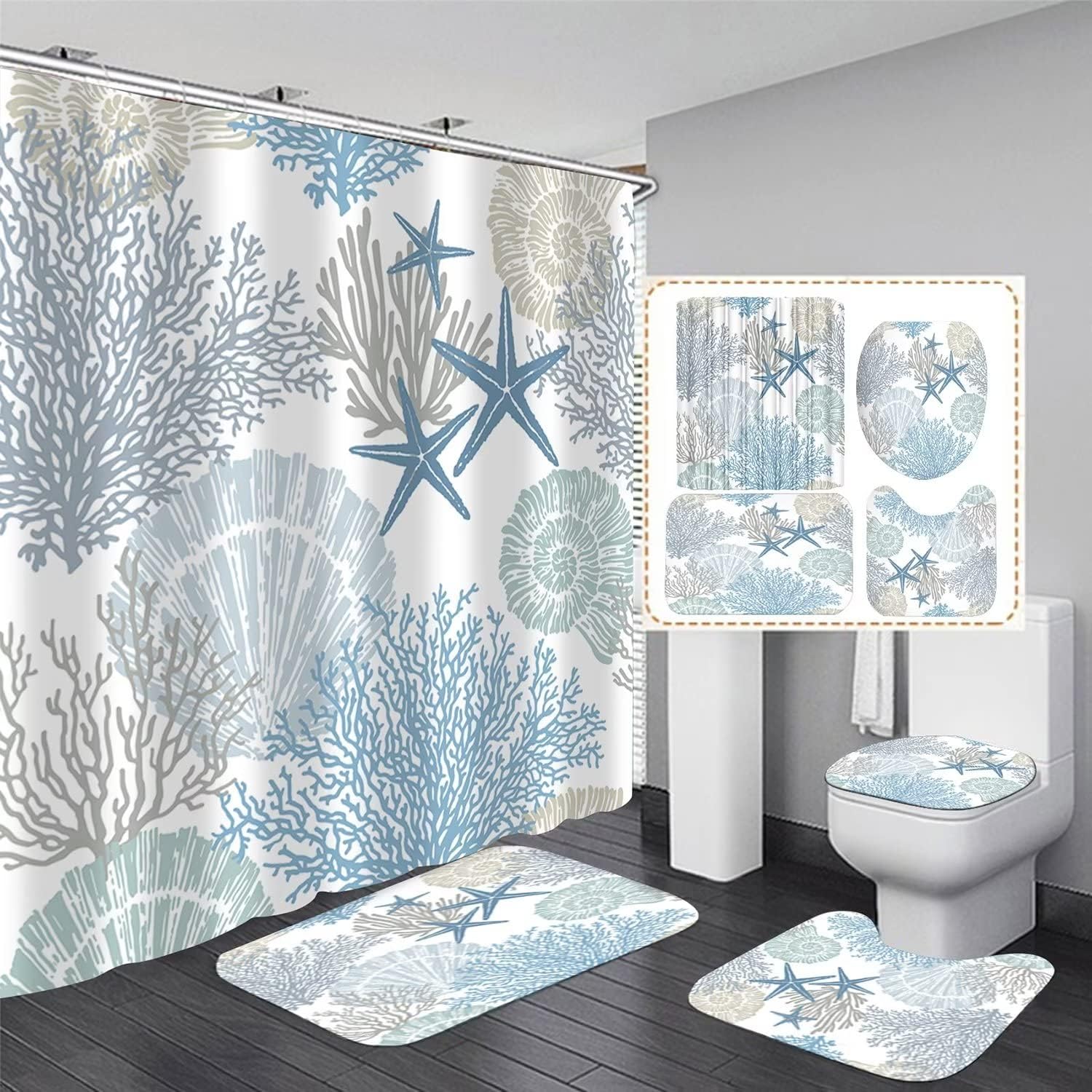 Nkzply 4 Pcs Beach Shower Curtain Bathroom Set