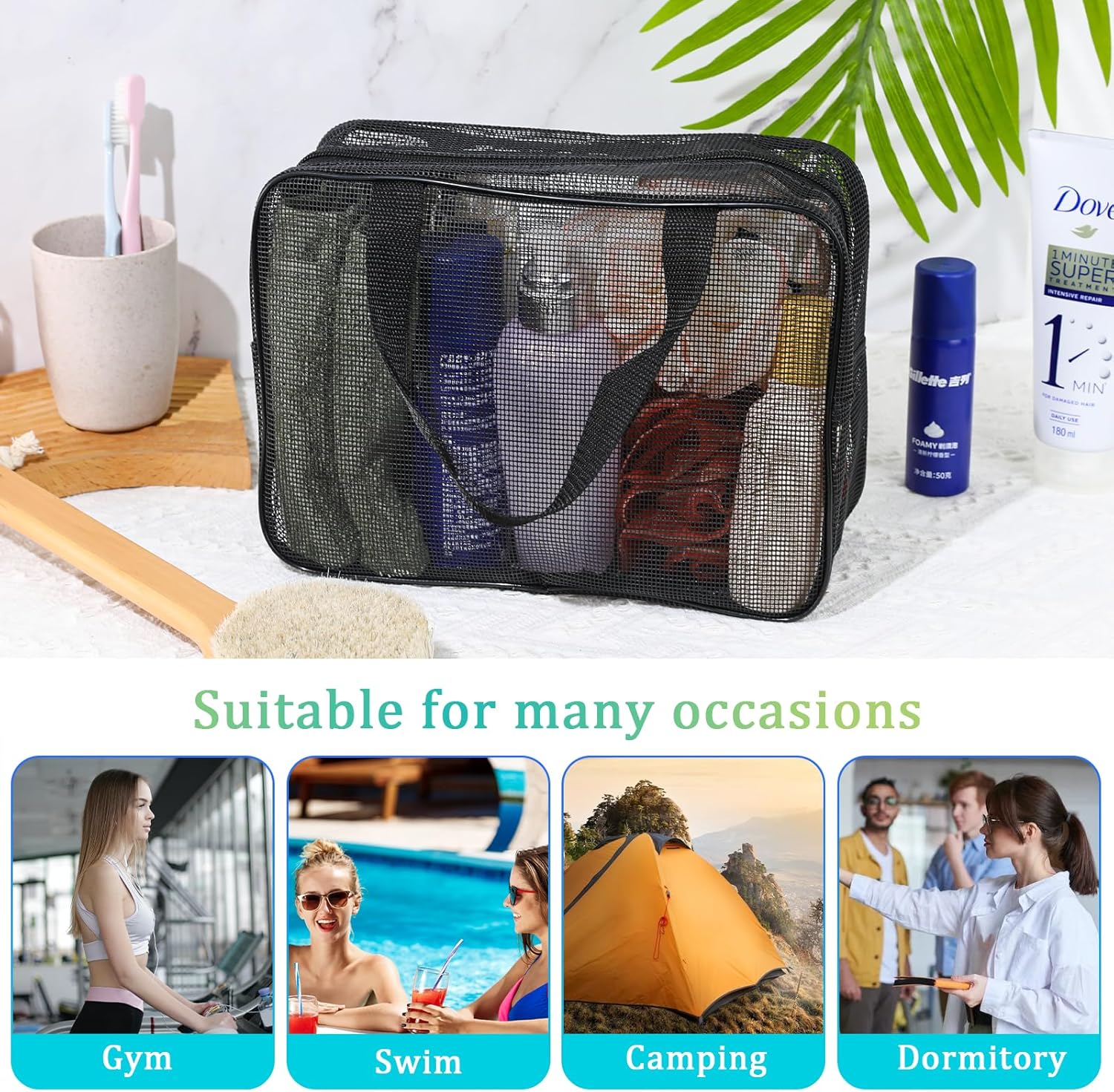 Mozeat Lens Portable Mesh Shower Caddy Bag Black