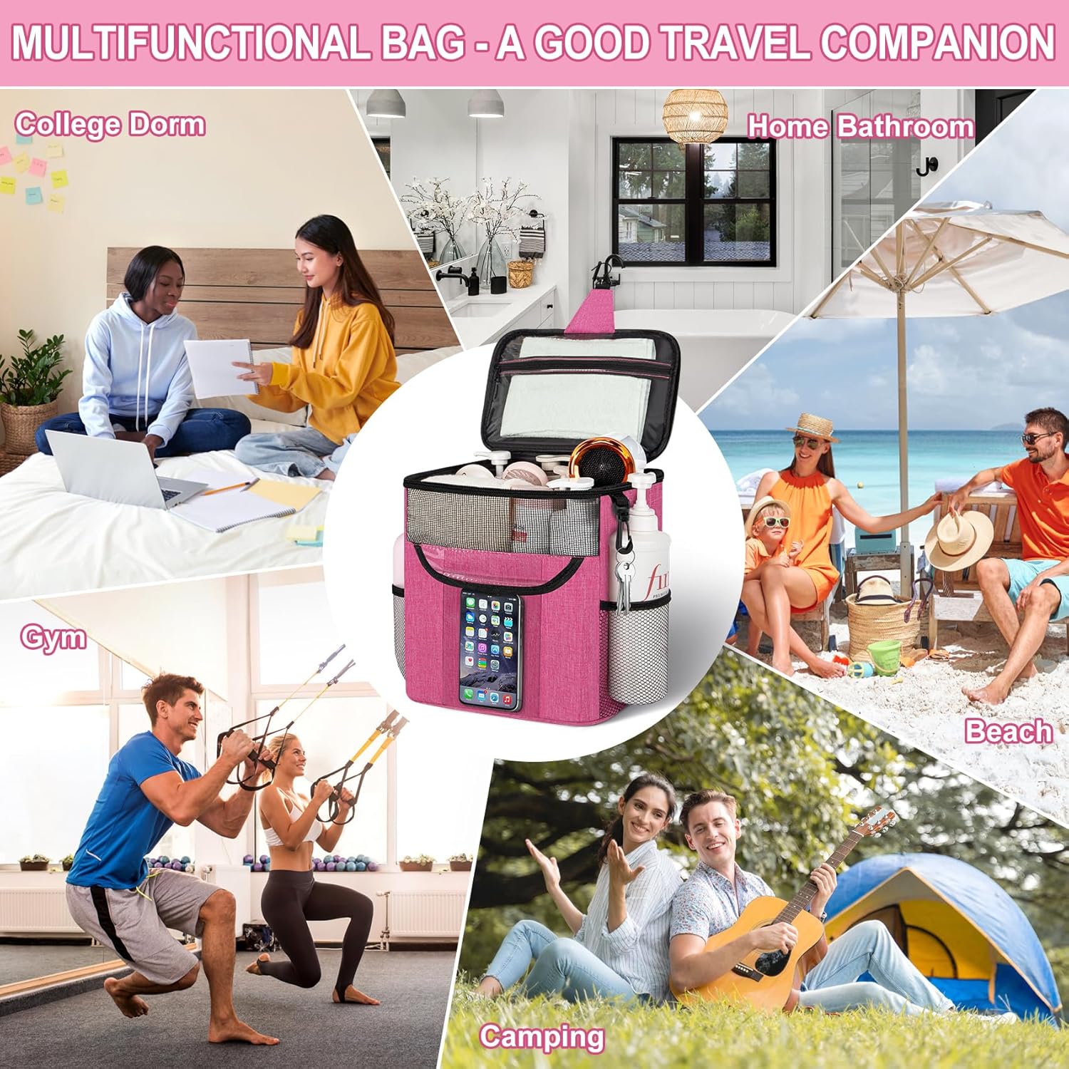 Attmu Portable Shower Caddy with Zip Pockets Pink