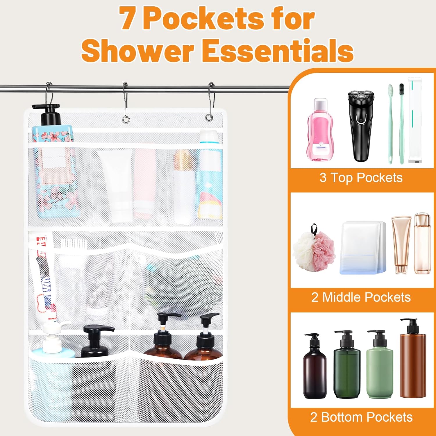 2 Pack Mesh Shower Caddy with 7 Pockets and Metal Hooks