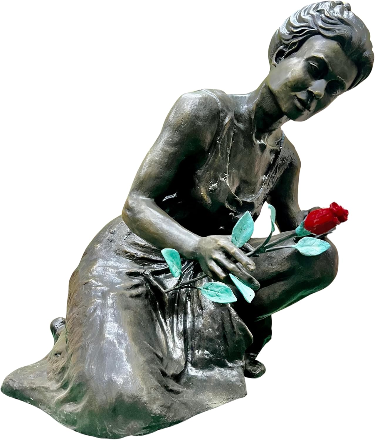 Bronze Woman Mother Kneeling with Rose Statue