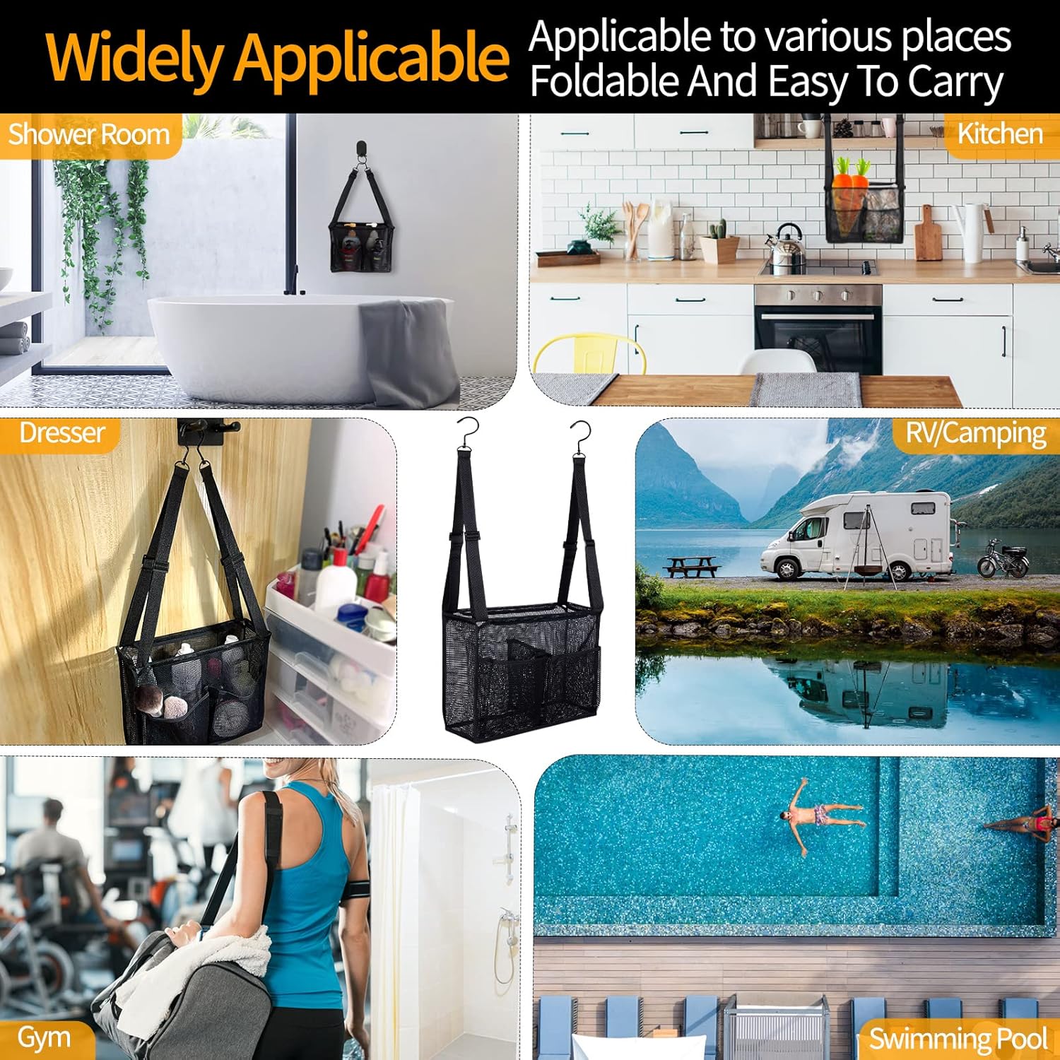 4 Storage Pockets Adjustable Hanging Mesh Shower Caddy Black