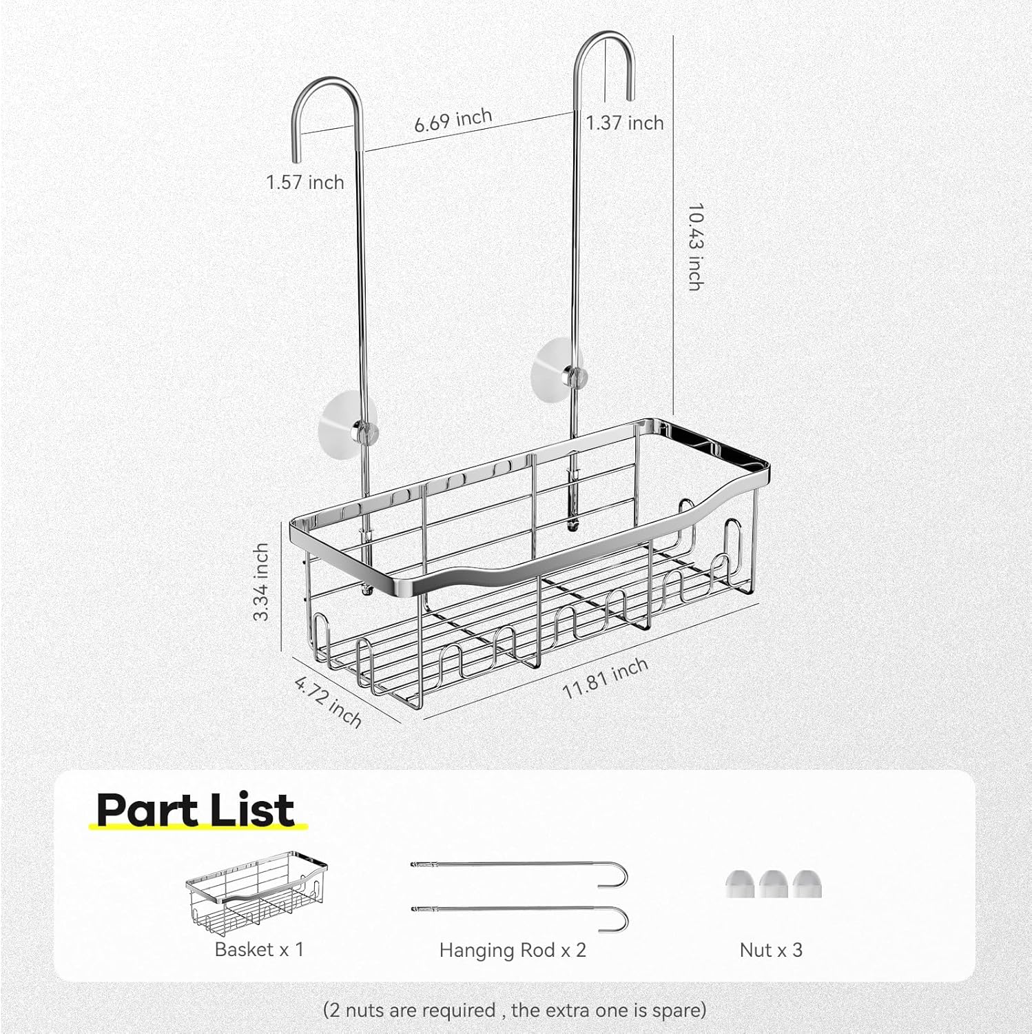 BYT Hanging Shower Caddy with Rotatable Hooks and Suction Cups