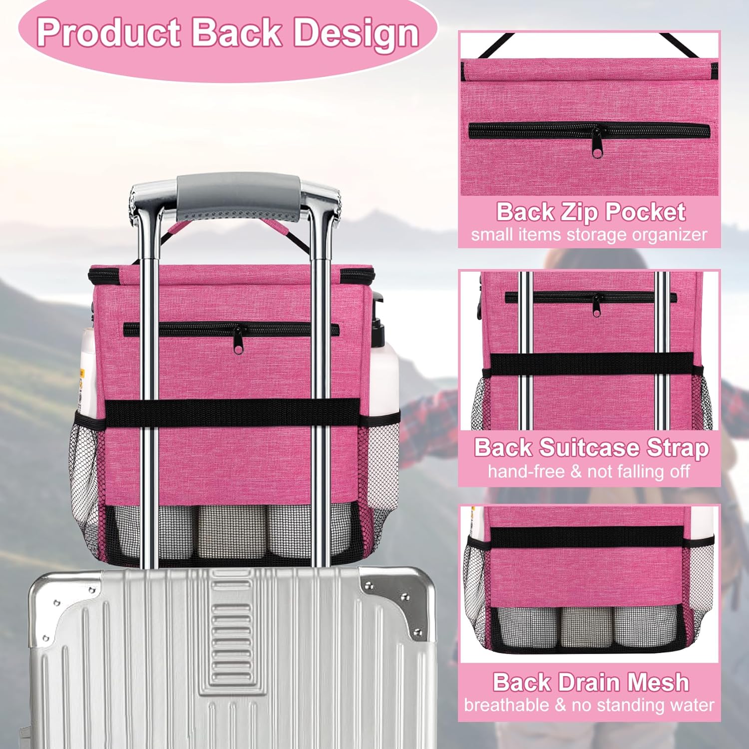 Attmu Portable Shower Caddy with Zip Pockets Pink