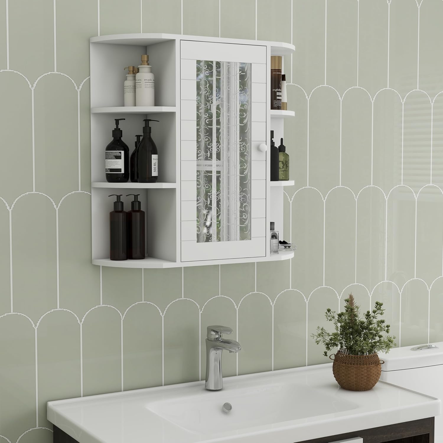 espidoo Wall Mounted Medicine Cabinet with 6 Open Shelves and 3 Adjustable Shelves