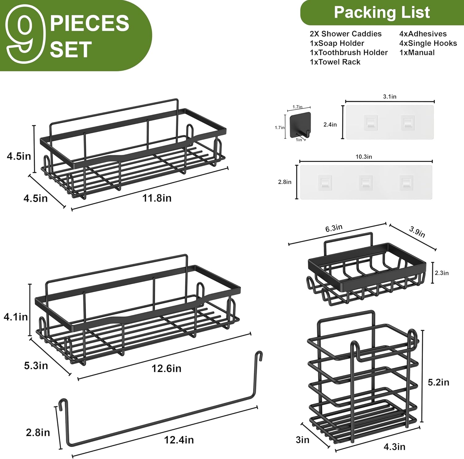 JIANDOS 9 Piece Shower Caddy Set with Hooks and Adhesives