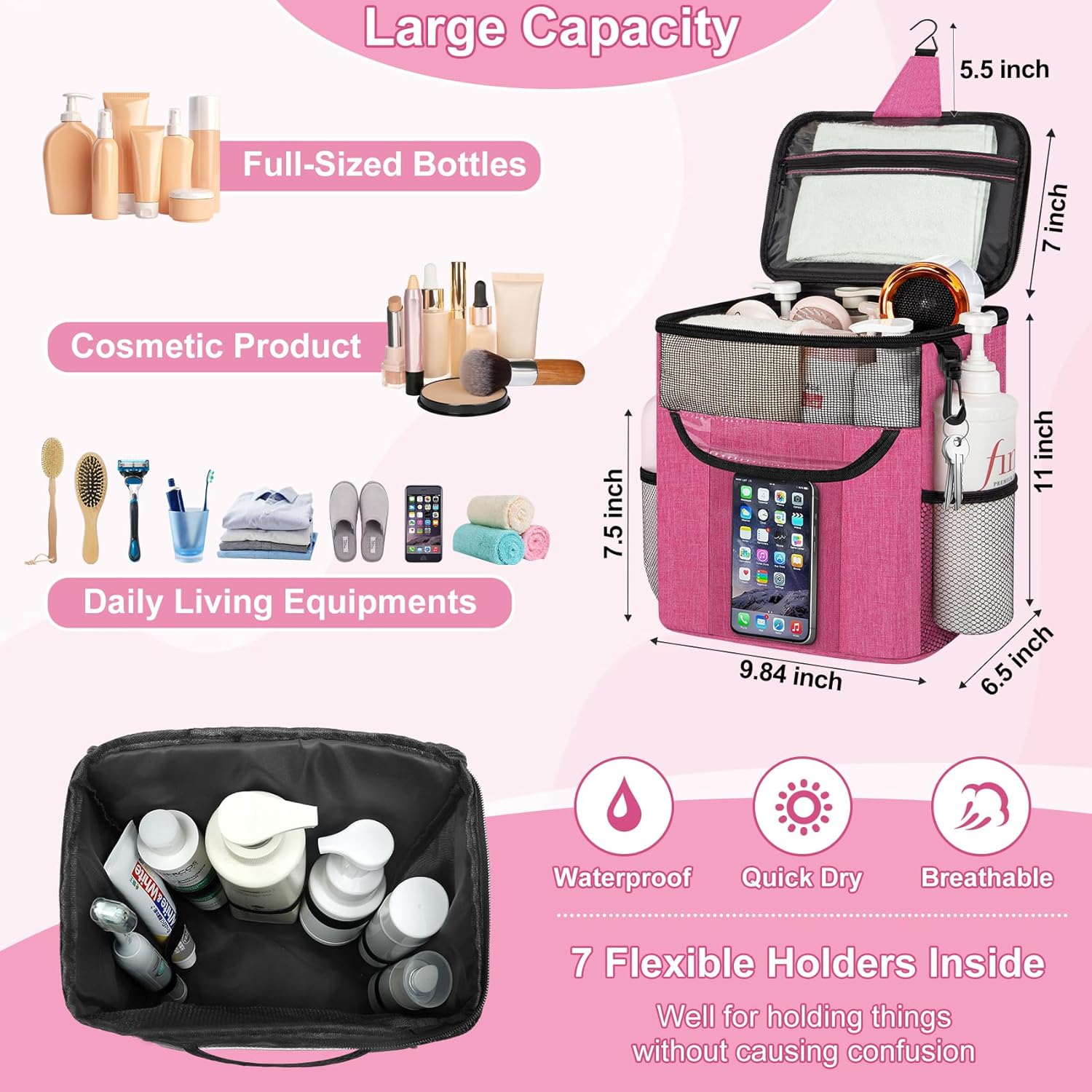 Attmu Portable Shower Caddy with Zip Pockets Pink