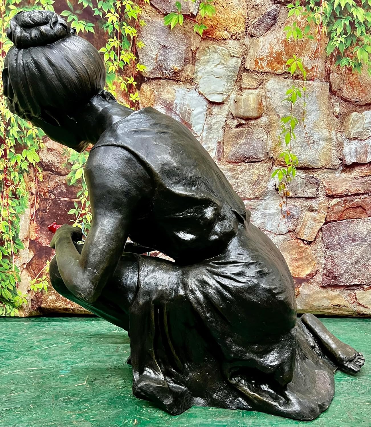 Bronze Woman Mother Kneeling with Rose Statue