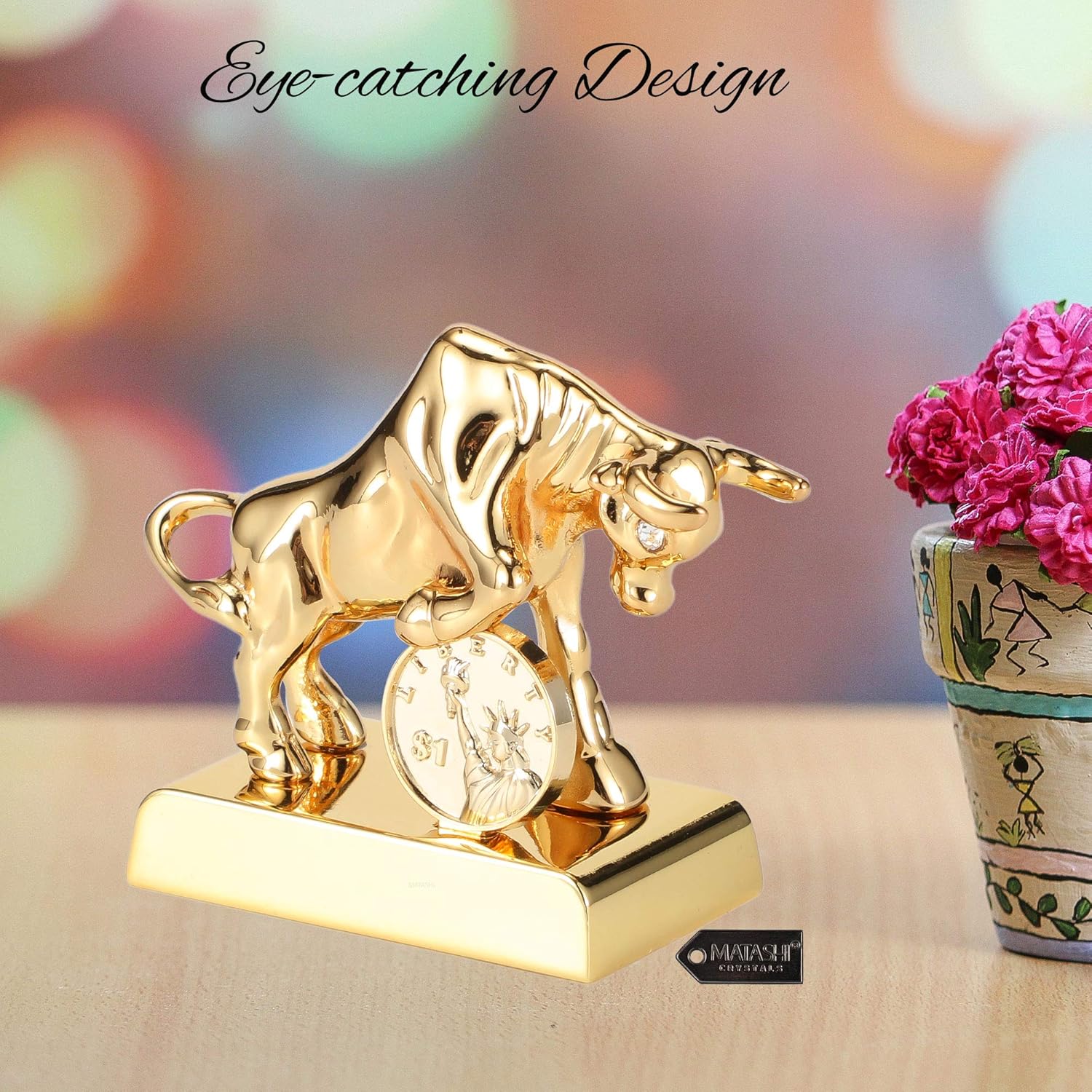 Matashi 24K Gold Plated Ox Bull Crystal Studded Statue