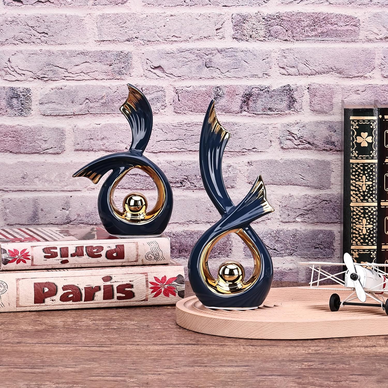LCCCK Blue Gold Ceramic Abstract Sculpture Decor