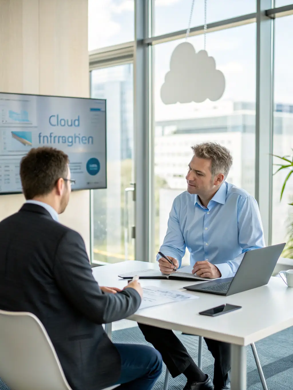 A consultant advising a client on cloud computing solutions and their benefits.