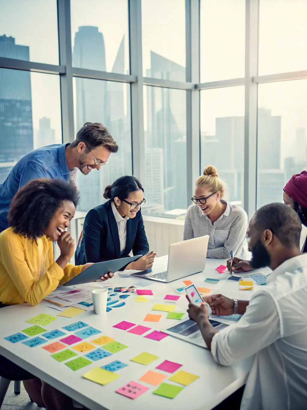 A team of consultants collaborating around a table, reviewing a cloud migration strategy document, highlighting their expertise in cloud solutions.