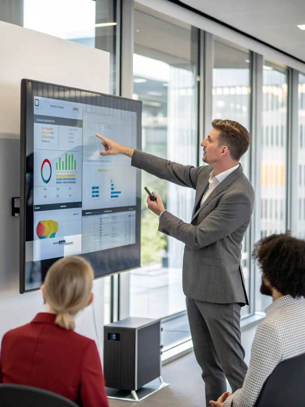 A consultant presenting a digital transformation strategy to a client, with data visualizations in the background.