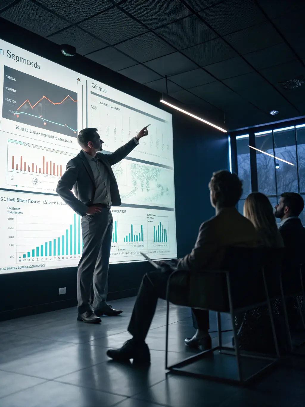 A consultant in a suit, smiling confidently while pointing at a dashboard displaying data analytics insights during a client presentation, showcasing data-driven decision-making.